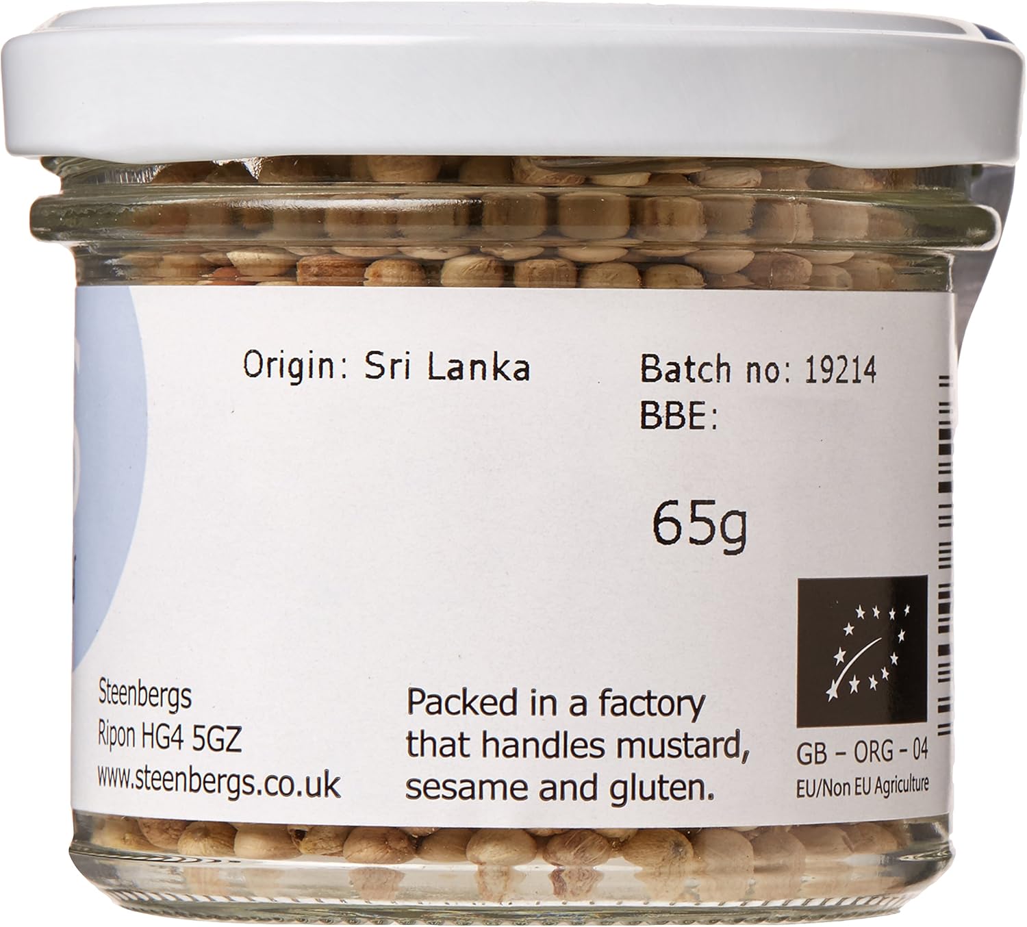 Steenbergs Organic White Peppercorns Standard Glass Jar - 65G