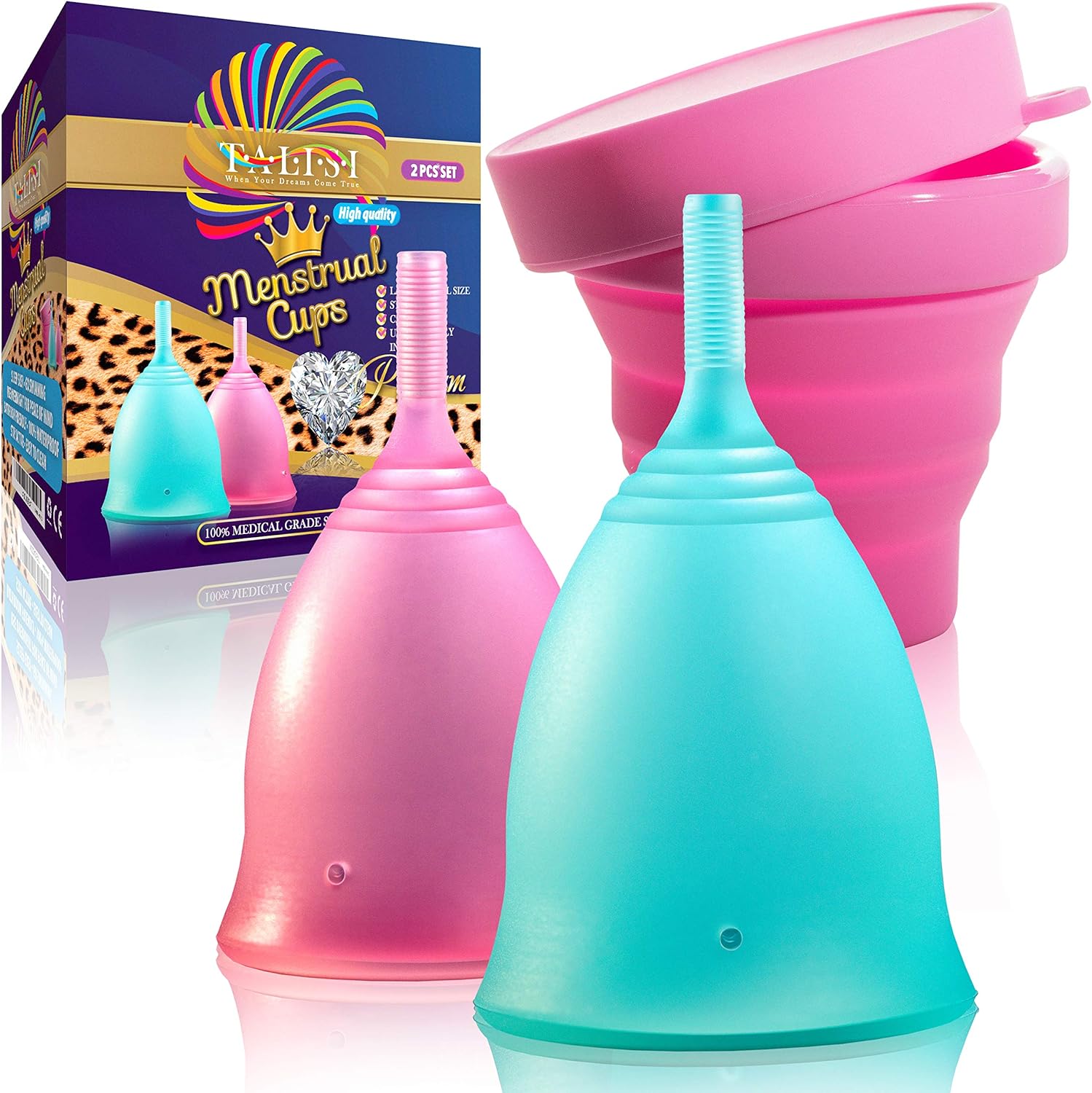 Talisi Menstrual Cups - Set of 2 Reusable Period Cups - Soft, Flexible, Small & Large Size - Feminine Cup for Women with Collapsible Sterilizer - Alternative Tampon and Pad - Regular, Heavy Flow