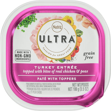 NUTRO ULTRA Grain Free Adult Soft Wet Dog Food Paté With Toppers Turkey Entrée topped with bites of real chicken & peas, 3.5 oz. Trays, Pack of 24