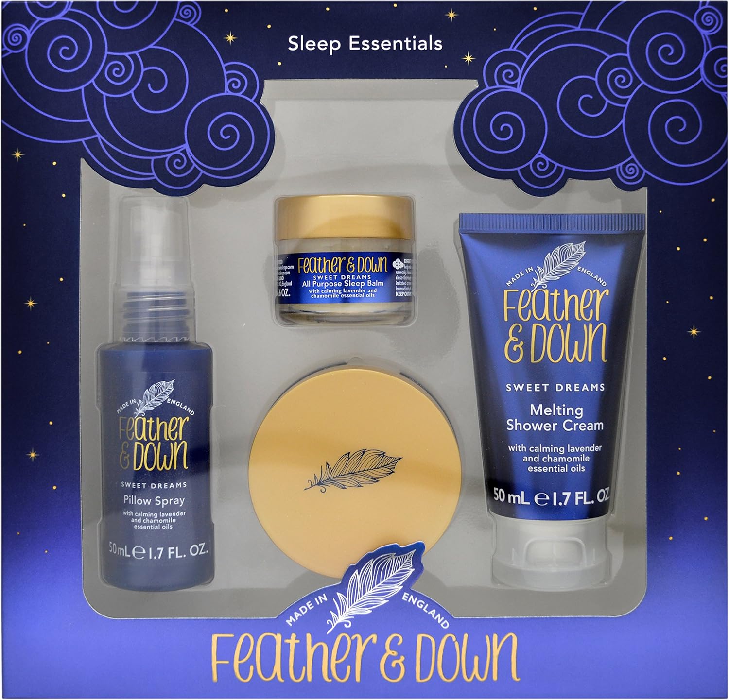 Feather & Down Sweet Dream Sleep Essentials Gift Set (50Ml Pillow Spray, 50Ml Melting Shower Cream, 16G All-Purpose Sleep Balm & 50Ml Sleep Butter) - Cruelty Free & Vegan Friendly