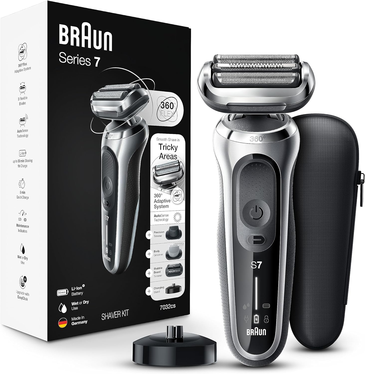 Braun Series 7 7032Cs Flex Electric Razor For Men, Wet & Dry, Electric Razor, Rechargeable, Cordless Foil Shaver With Beard Trimmer And Charging Stand, Silver