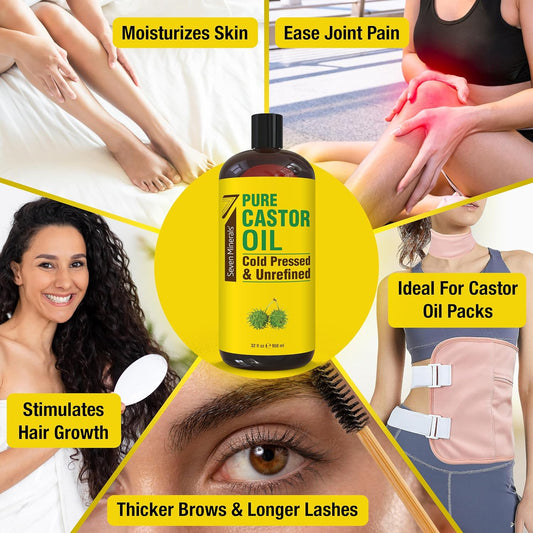 Pure Cold Pressed Castor Oil - Big 32 Fl Oz Bottle - Unrefined & Hexane Free - 100% Pure Castor Oil For Hair Growth, Thicker Eyelashes & Eyebrows, Dry Skin, Healing, Hair Care, Joint And Muscle Pain