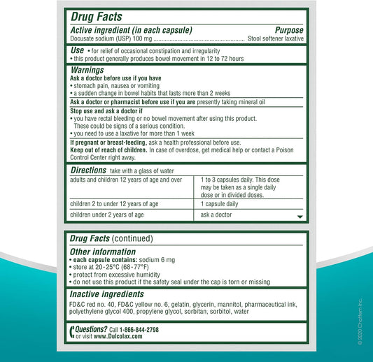 Dulcolax Stool Softener Laxative Liquid Gel Capsules (50ct) Gentle Relief, Docusate Sodium 100mg