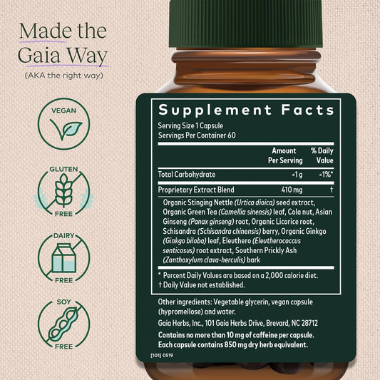 Gaia Herbs Energy Vitality - Energy Support Supplement To Maintain Healthy Energy And Stress Levels - With Ginkgo, Ginseng, Green Tea, And Nettle* - 60 Vegan Liquid Phyto-Capsules (20-Day Supply)