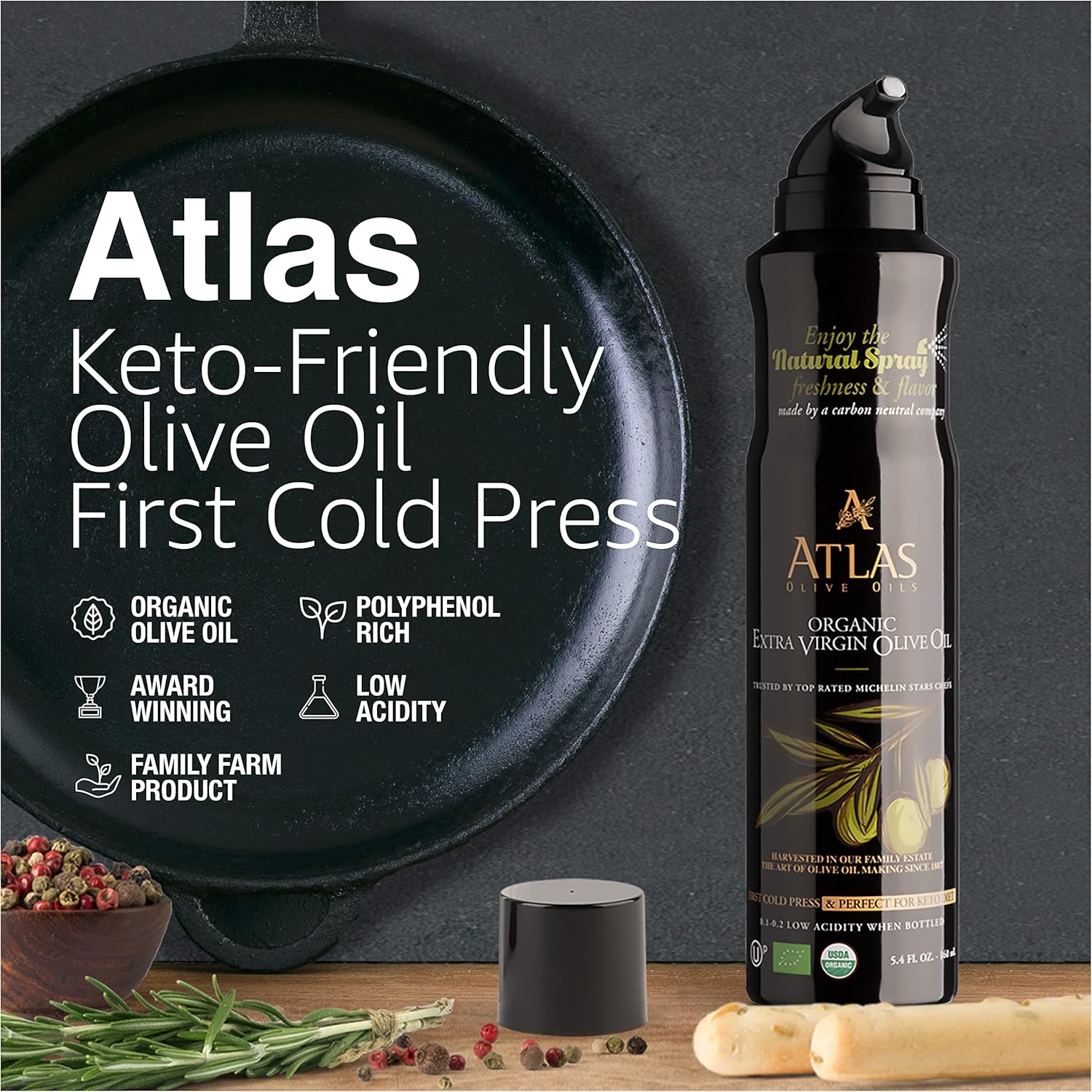 Organic Extra Virgin Olive Oil Spray, Polyphenol Rich Moroccan Oil, Cooking Spray Non Stick, Cold Pressed Evoo Oil, Hydroxytyrosol Keto Olive Oil, 5.4 Fl Oz. Bottle