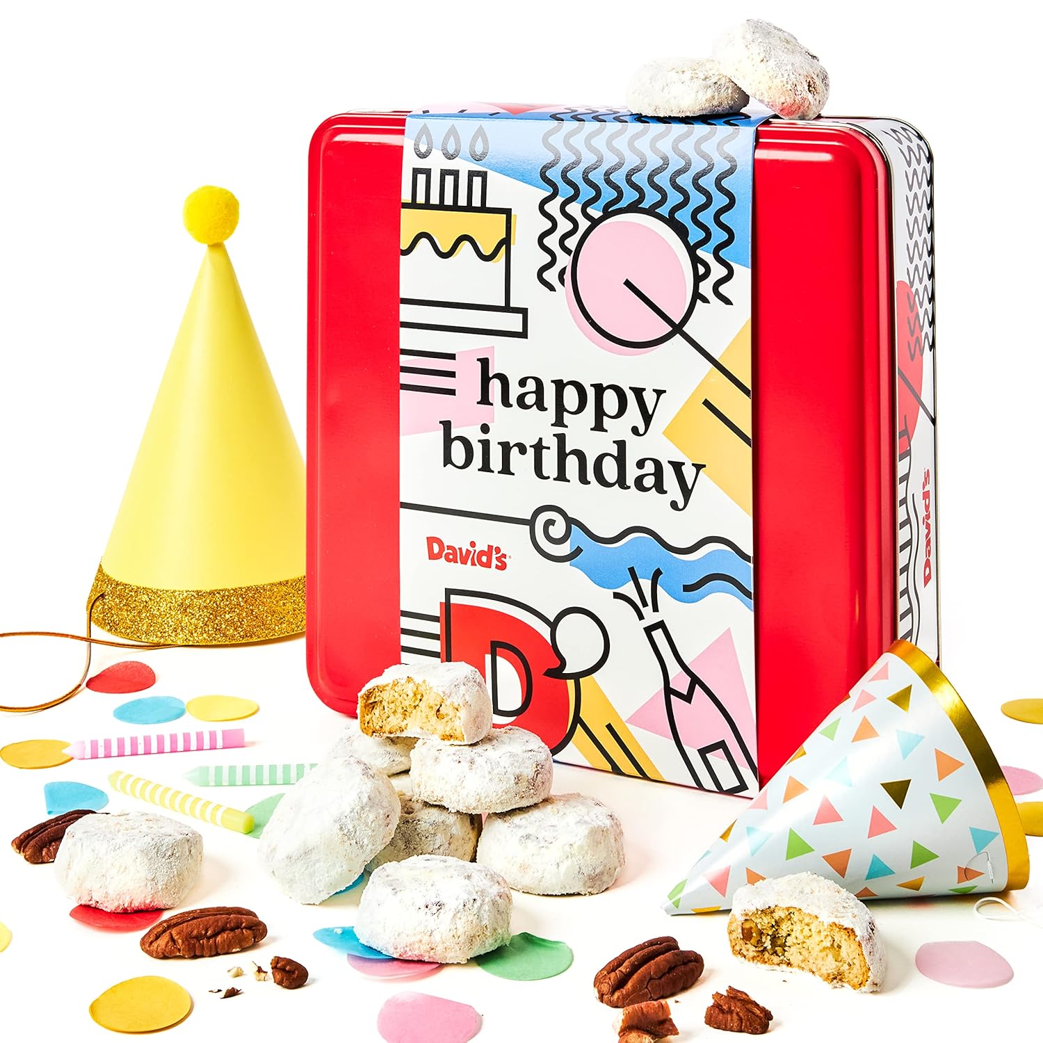 David’S Cookies Happy Birthday Gift For Everyone – 1Lb Butter Pecan Meltaways Cookies With Crunchy Pecans And Powdered Sugar – Premium Fresh Ingredients – Comes With A Lovely Birthday Themed Tin