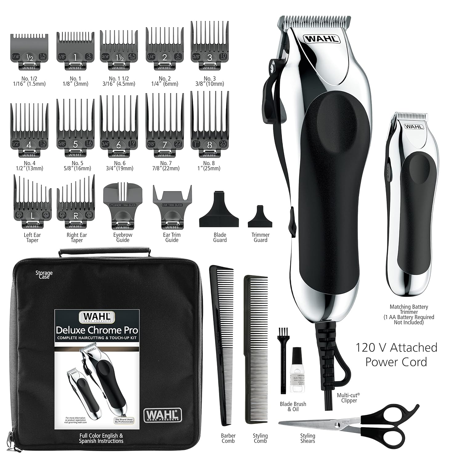 Wahl Clipper USA Deluxe Corded Chrome Pro, Complete Hair and Trimming Kit, includes Corded Clipper, Cordless Battery Trimmer, and Styling Shears, for a Cut Every Time - Model 79524-5201M : Beauty & Personal Care