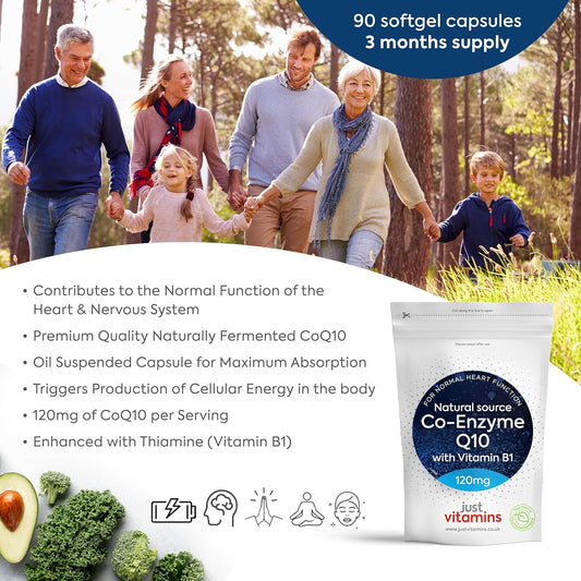 Co-Enzyme Q10 (CoQ10) 120mg with Vitamin B1-90 Capsules | 3 Month Supply 100% Pure Co Q10 Premium Naturally Fermented & Oil Encapsulated for High Absorption - UK Made