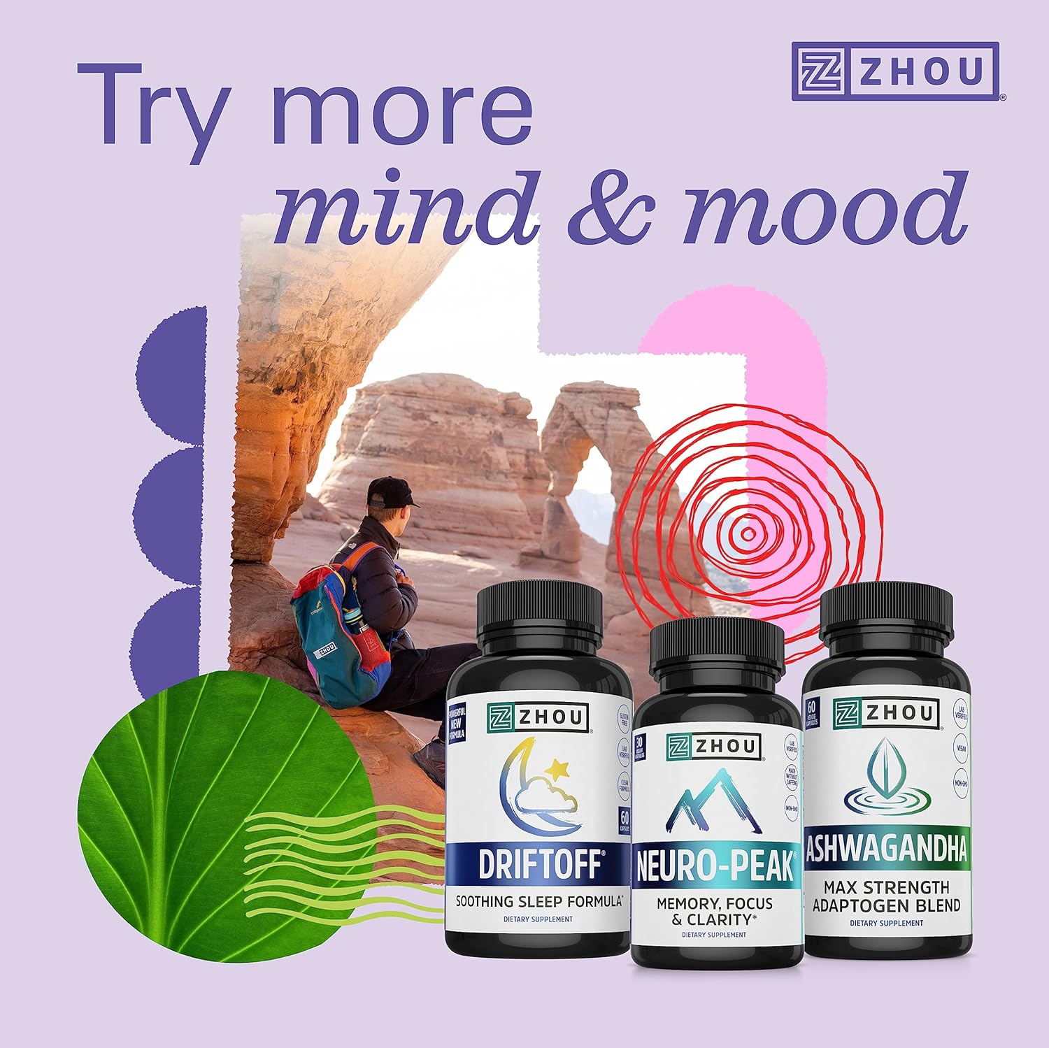 Zhou Calm Now Soothing Support with B Vitamins, Ashwagandha, Magnesium & Zinc, Relax, Focus & Positive Mind, Supports Serotonin Increase, Non-GMO, Vegan, Gluten-Free, 30 Servings - 60 VegCaps