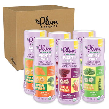 Plum Organics Mighty Puffs Organic Baby Food - Three Flavor Variety Pack - 1.85 Oz Canister (Pack Of 6) - Ancient Grains And Chickpea Snacks
