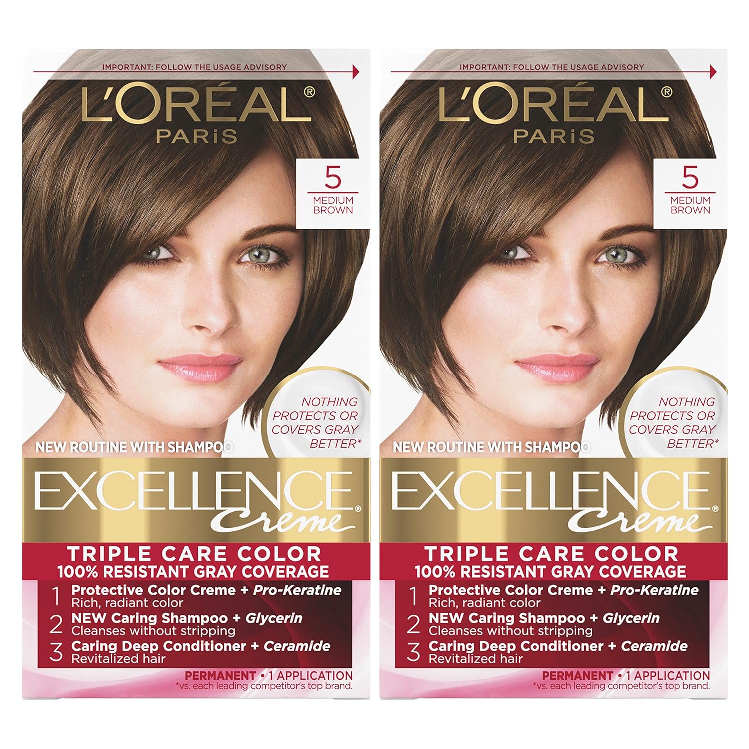 L'Oreal Paris Excellence Creme Permanent Hair Color, 5 Medium Brown, 100 Percent Gray Coverage Hair Dye, Pack Of 2