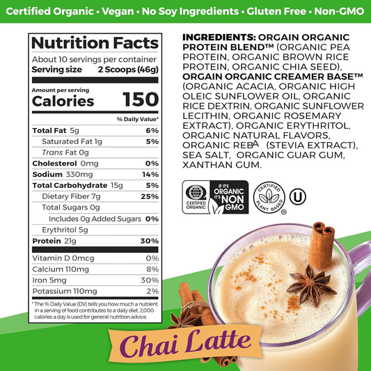 Orgain Organic Vegan Protein Powder, Chai Latte - 21g Plant Based Prot