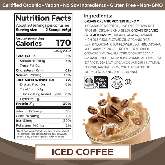 Orgain Organic Vegan Protein Powder, Iced Coffee - 21G Plant Protein, 60Mg Of Caffeine, Low Net Carb, No Lactose Ingredients, No Added Sugar, Non-Gmo, For Shakes & Smoothies, 2.03 Lb