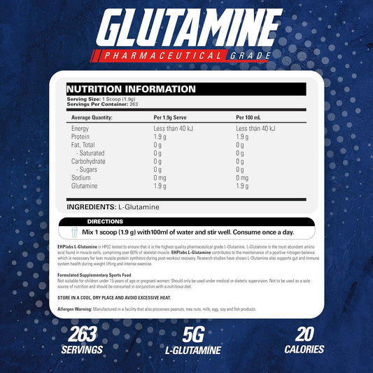 Ehp Labs L Glutamine Powder Amino Acids - L-Glutamine, Workout Recovery, Immune Health & Gut Health Support (500G) - 100 Servings