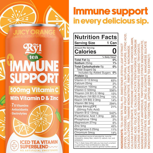 Ryl Immune Support Iced Tea, Juicy Orange, 500Mg Vitamin C With Vitamin D & Zinc, Zero Sugar, Zero Calories, 16.0 Fl Oz (12-Pack)