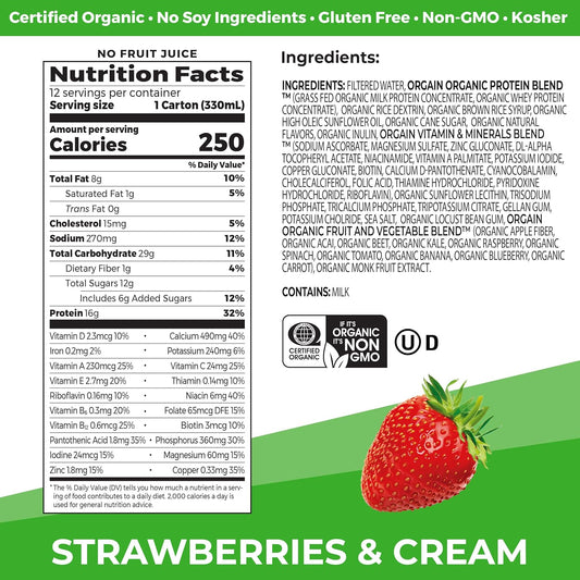 Orgain Organic Nutritional Protein Shake, Strawberries & Cream - 16G Grass Fed Whey Protein, Meal Replacement, 20 Vitamins & Minerals, Fruits & Vegetables, Gluten Free, Non-Gmo, 11 Fl Oz (12 Pack)