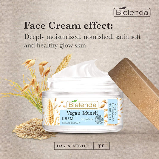 Bielenda Vegan Muesli - Effect Deeply Moisturized, Nourished, Satin Soft And Healthy Glow Skin - Vegan Muesli Moisturizing Cream Oats + Wheat + Coconut Milk - 50 Ml