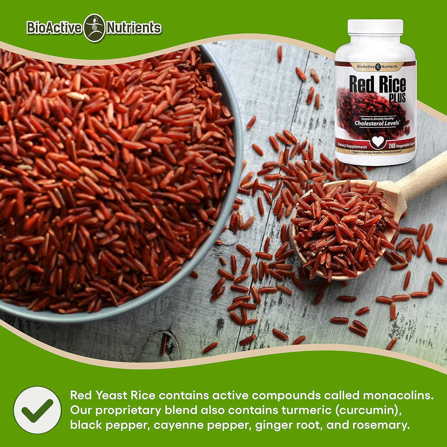Bioactive Nutrients Red Rice Plus Supplement- 240 Vegetable Capsules - Proprietary Blend Of Turmeric, Black Pepper, Cayenne Pepper, Ginger Root, And Rosemary - Cholesterol Support : Health & Household