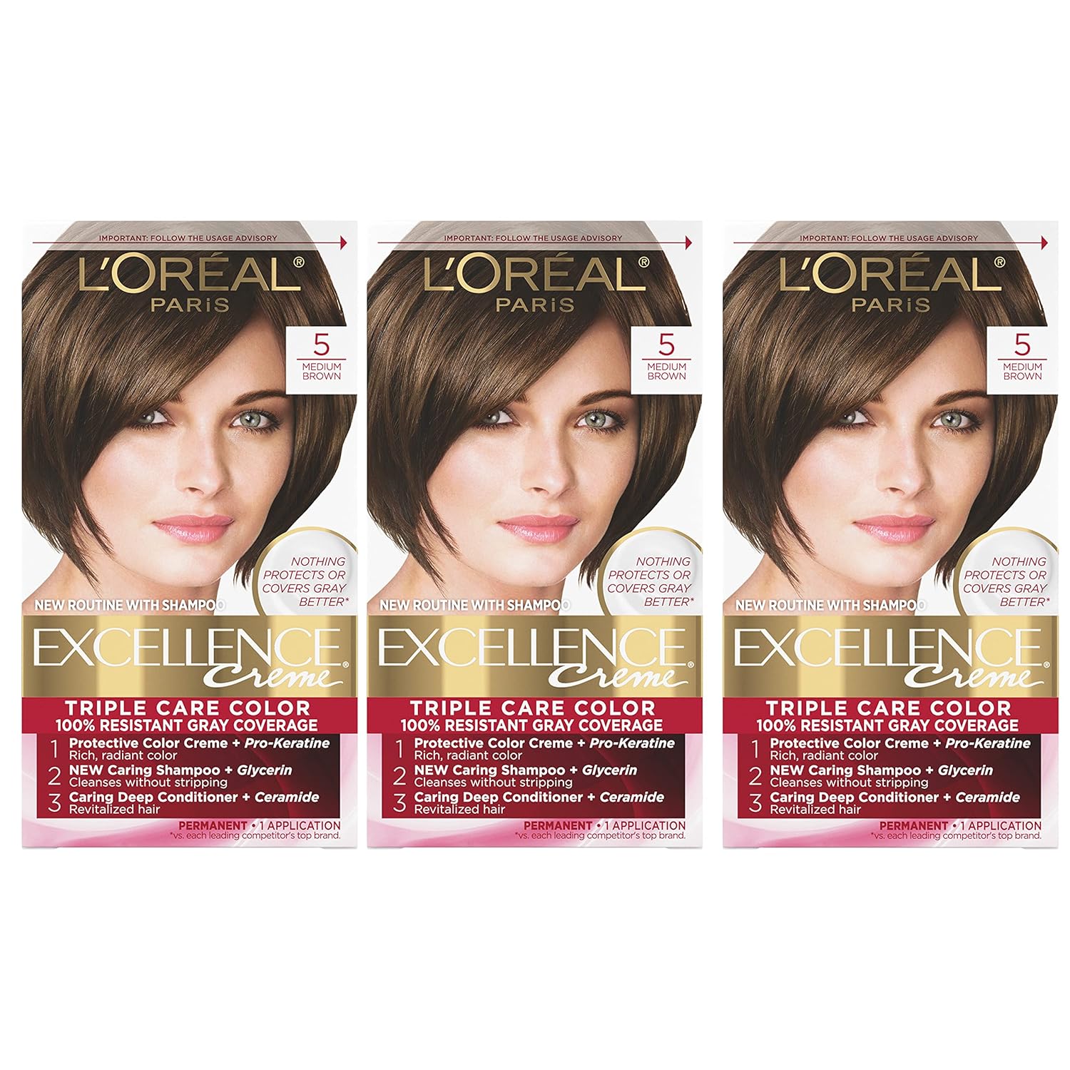 L'Oreal Paris Excellence Creme Permanent Hair Color, 5 Medium Brown, 100 Percent Gray Coverage Hair Dye, Pack Of 3