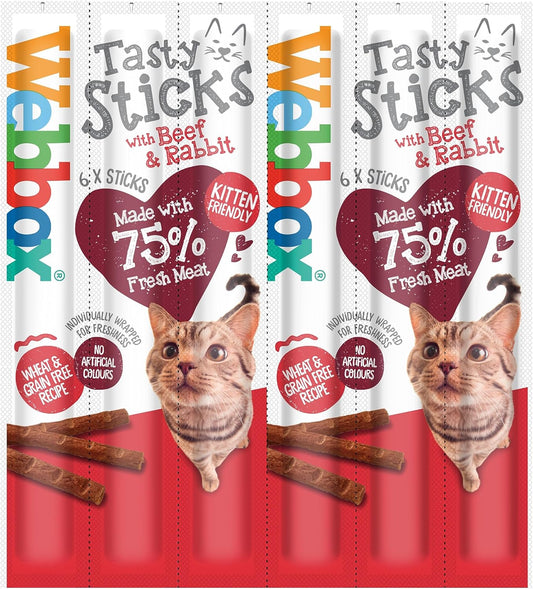 Webbox Tasty Sticks Cat Treats, Beef and Rabbit - Kitten Friendly, Wheat and Grain Free, No Artificial Colours (25 x 6 Packs)?5012144410206