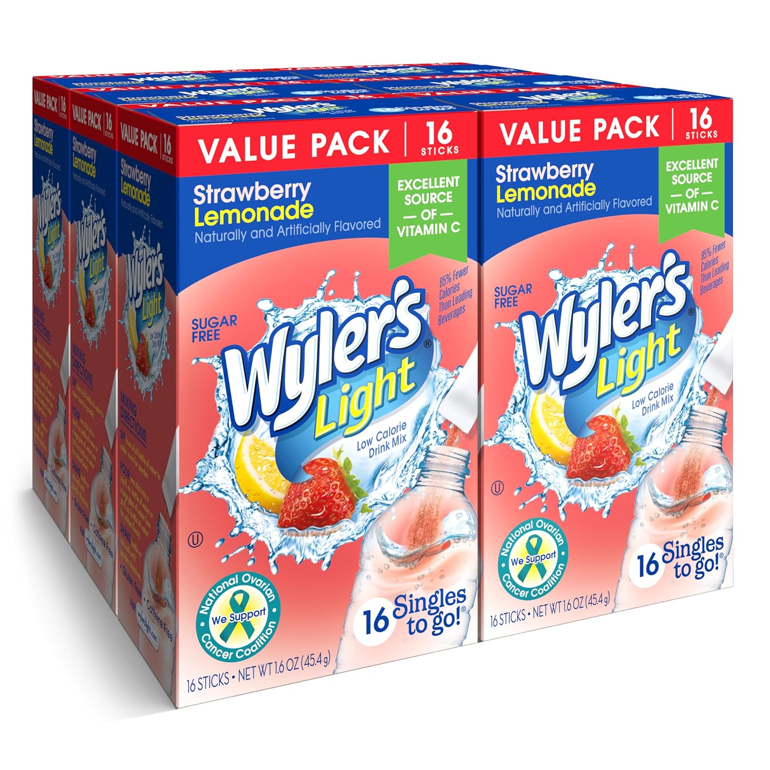 Wyler'S Light Singles To Go Powder Packets, Water Drink Mix, Strawberry Lemonade, 16 Count, 6 Boxes (96 Single Servings)