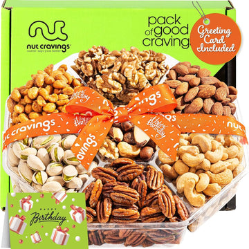 Nut Cravings Gourmet Collection - Happy Birthday Nuts Gift Basket with Happy Birthday Ribbon (7 Assortments) Food Bouquet Platter, Bday Care Package Tray, Healthy Kosher Snack