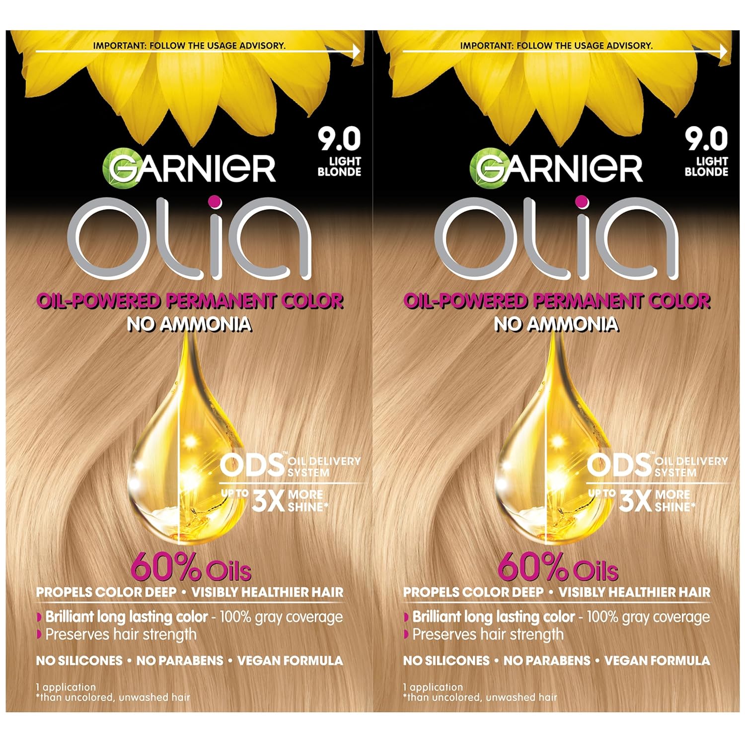 Garnier Hair Color Olia Ammonia-Free Brilliant Color Oil-Rich Permanent Hair Dye, 9.0 Light Blonde, 2 Count (Packaging May Vary)