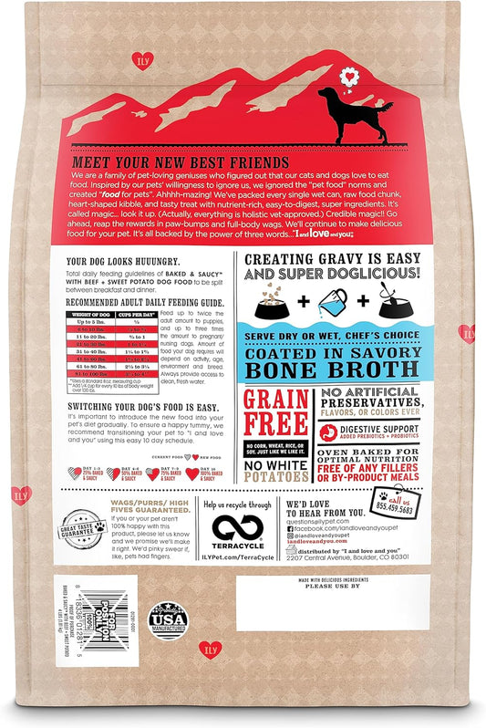 I AND LOVE AND YOU Baked and Saucy Dry Dog Food - Beef + Sweet Potato - Prebiotic + Probiotic, Real Meat, Grain Free, No Fillers, 4lb Bag