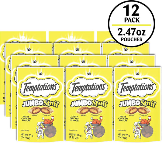 TEMPTATIONS Jumbo Stuff Crunchy and Soft Cat Treats Tasty Chicken Flavor, 2.5 oz. Pouch, Pack of 12