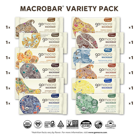 Gomacro Macrobar Organic Vegan Protein Bars - Variety Pack (2.3 Ounce Bars, 12 Count)