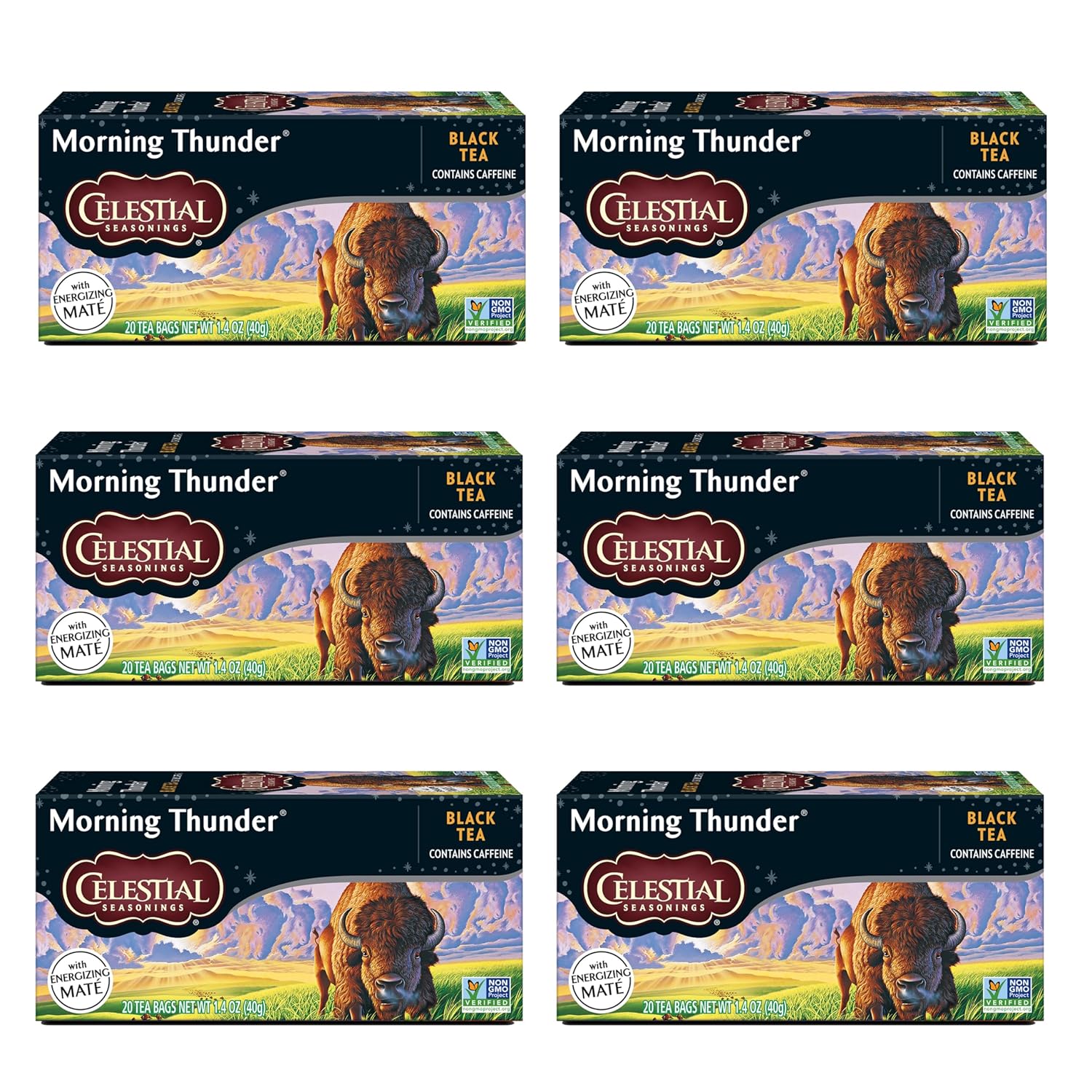 Celestial Seasonings Morning Thunder Black Tea, Caffeinated, 20 Tea Bags Box, (Pack Of 6)