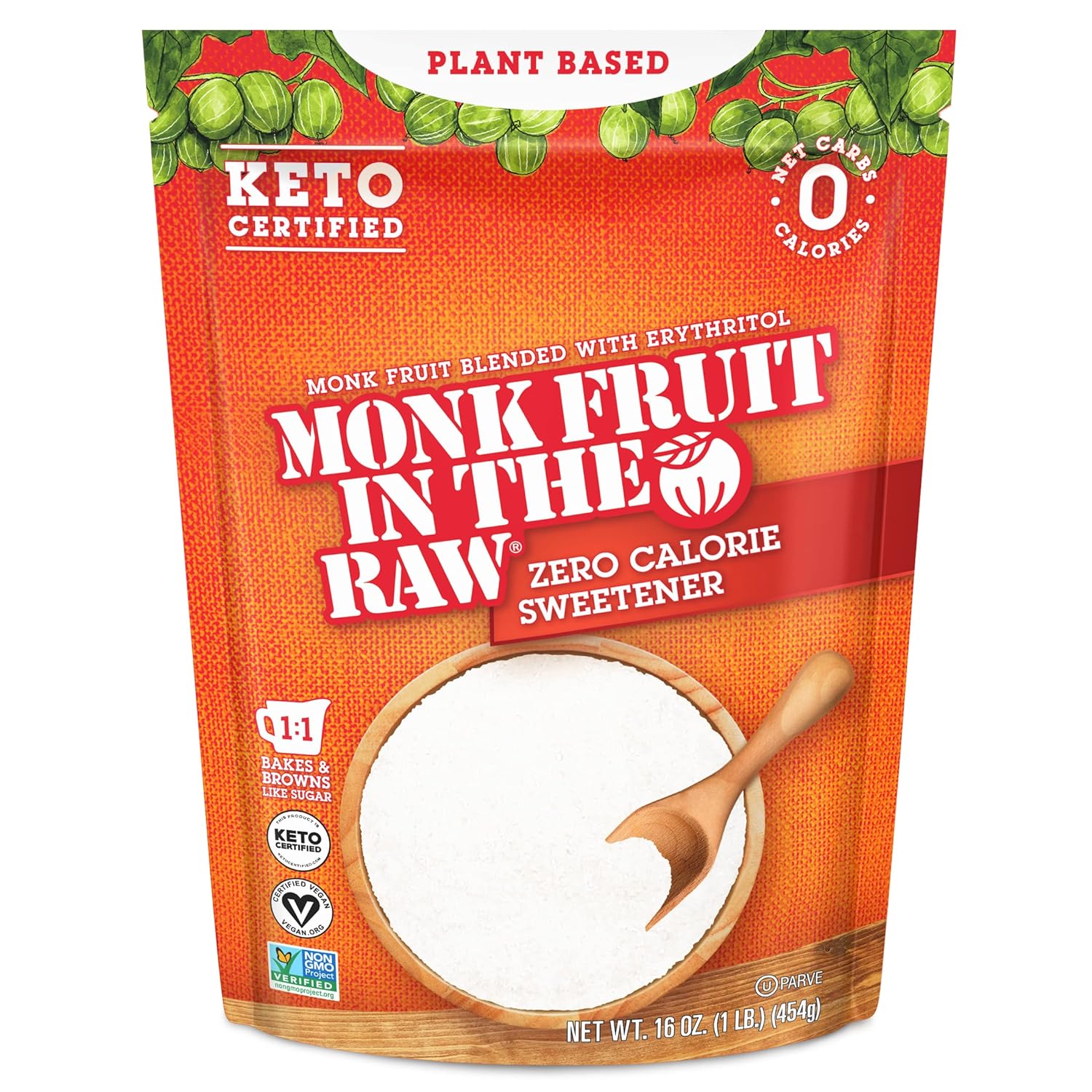 Monk Fruit In The Raw Sweetener Baker'S Bag, 16 Oz., Keto Certified Monk Fruit Sweetener, Zero Calories, Zero Net Carbs, Non-Gmo Project Verified