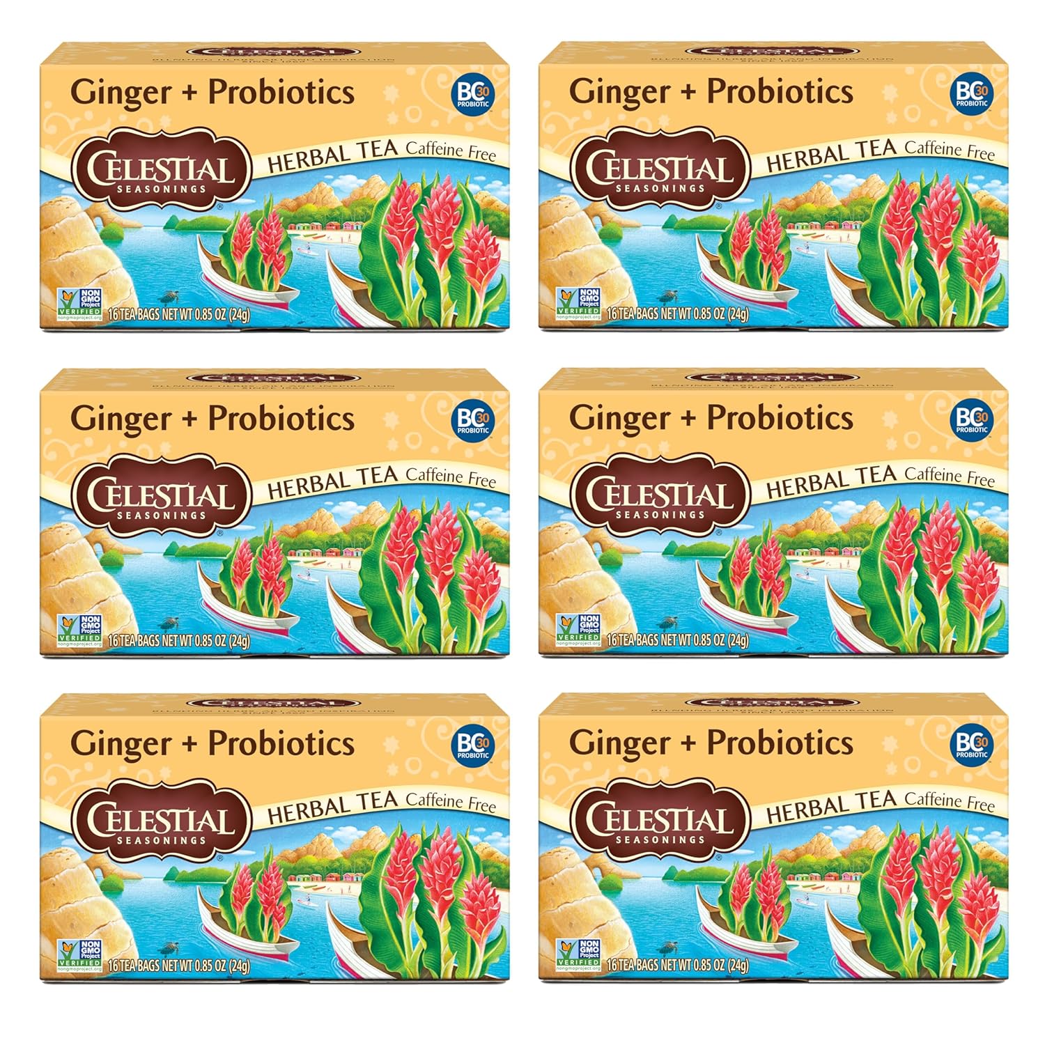 Celestial Seasonings Ginger + Probiotics Herbal Tea, Caffeine Free, 16 Tea Bags Box, (Pack Of 6)