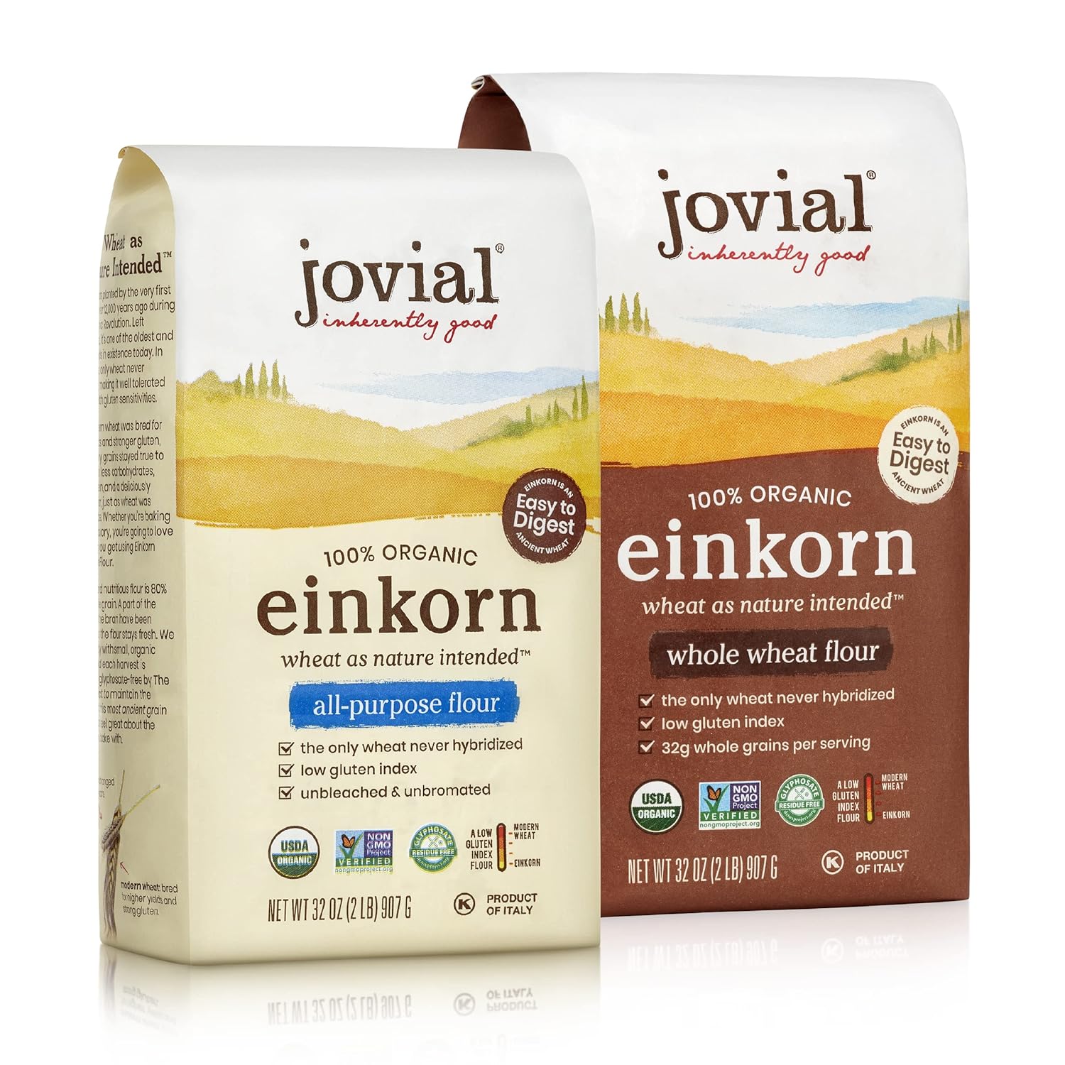 Jovial Einkorn 100% Organic Einkorn Baking Flour Variety Pack (All Purpose Flour & Whole Wheat Flour) - High Protein, Non-Gmo, Usda Certified Organic, Product Of Italy - 32 Oz, 2 Pack