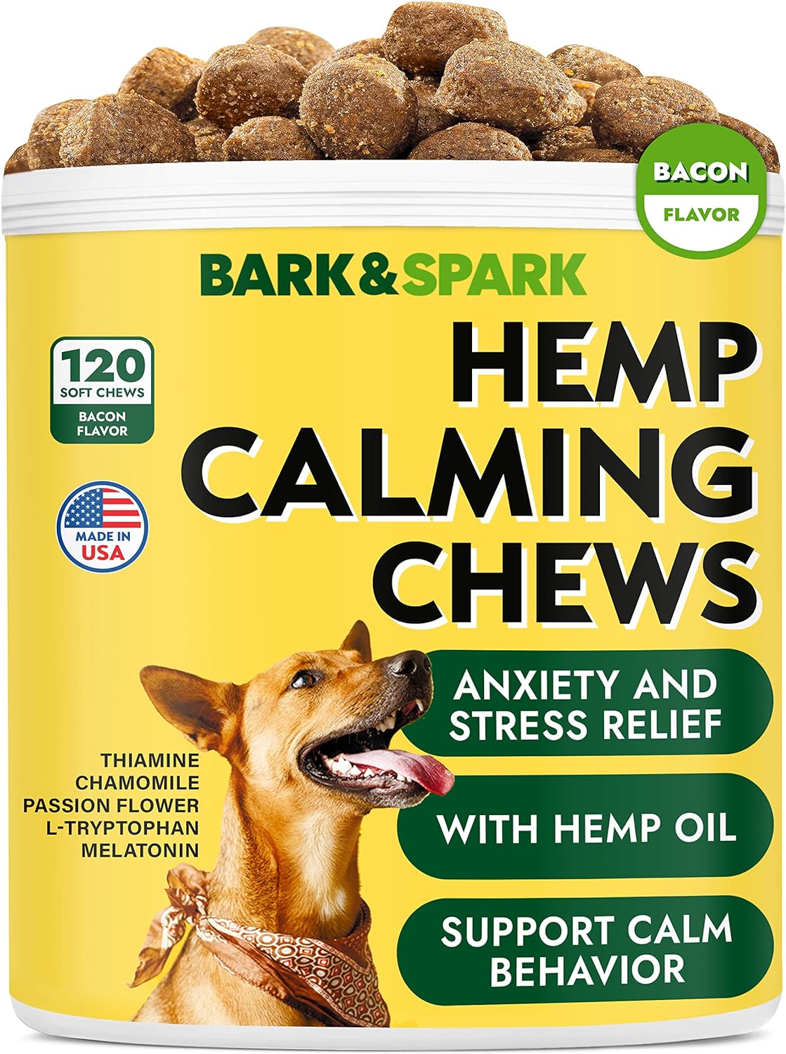 Bark&Spark Calming Hemp Treats for Dogs - Made in USA with Hemp Oil - Anxiety Relief - Separation Aid - Stress Relief During Fireworks, Storms, Thunder - Aggressive Behavior, Barking - 120 Soft Chews