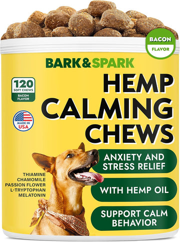 Bark&Spark Calming Hemp Treats For Dogs - Made In Usa With Hemp Oil - Anxiety Relief - Separation Aid - Stress Relief During Fireworks, Storms, Thunder - Aggressive Behavior, Barking - 120 Soft Chews