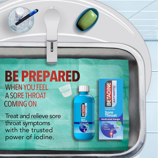 Betadine Antiseptic Medicated Gargle, Povidone-Iodine 0.5%, Treat And Relieve Sore Throat Symptoms, Temporarily Reduces Germs Normally Found In The Mouth, Mint Flavor, 8 Fl Oz (Pack Of 2)