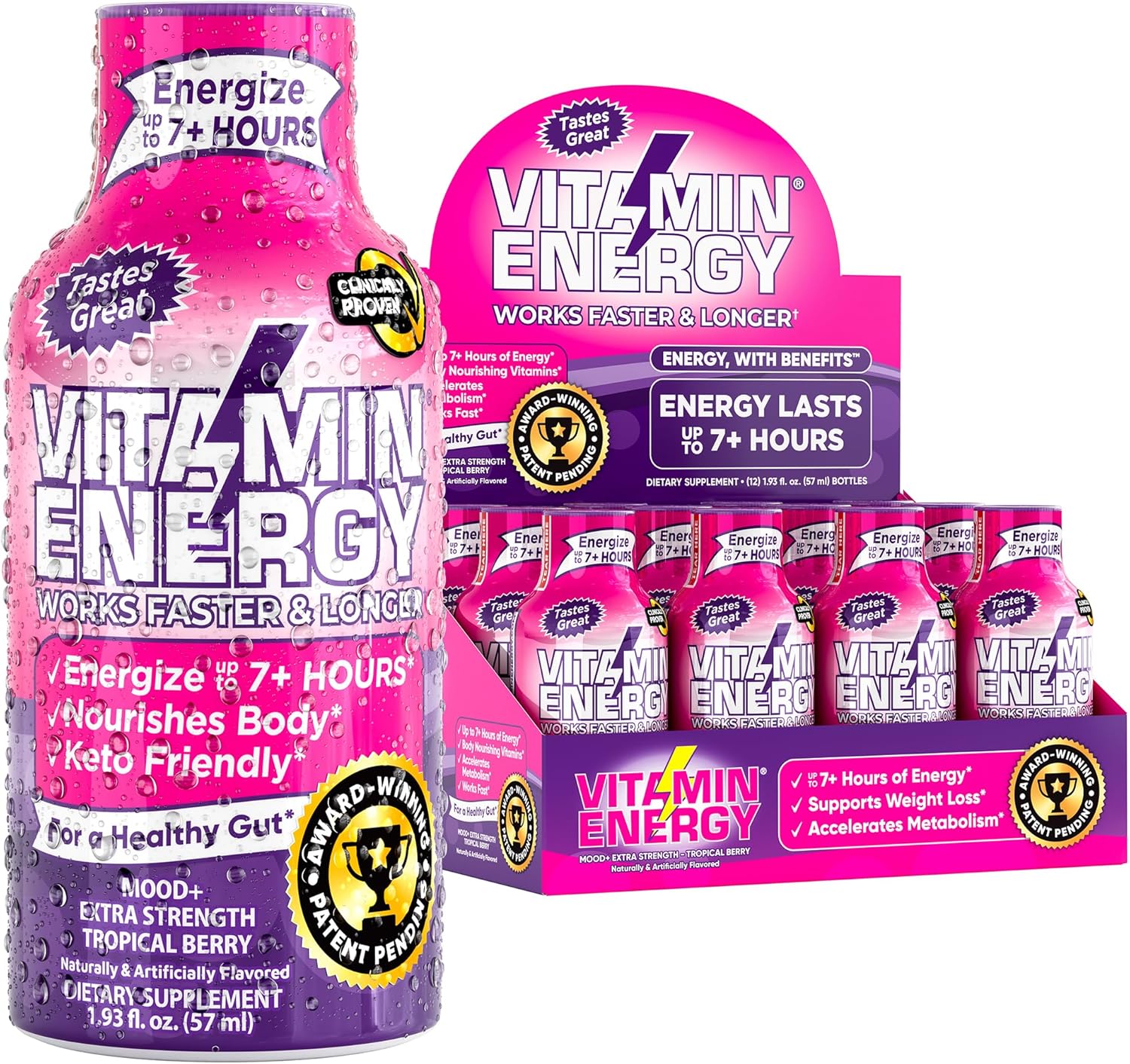 Mood Support Vitamin Energy Drink - Sugar Free, Keto/Vegan Friendly Shots | Mood Balancing With Rhodiola And Chamomile | Energize Up To 7+ Hours | Tropical Berry - 1.93 Fl Oz - Pack Of 12