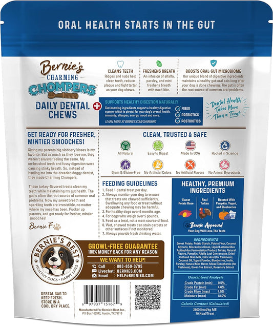 Bernie's Charming Chompers - Daily Dental Chews for Dogs 26-50 Lbs. - 18 Count - Cleans Teeth, Freshens Breath, Boosts Oral-Gut Microbiome. Easy to Digest, Supports Healthy Digestion Naturally