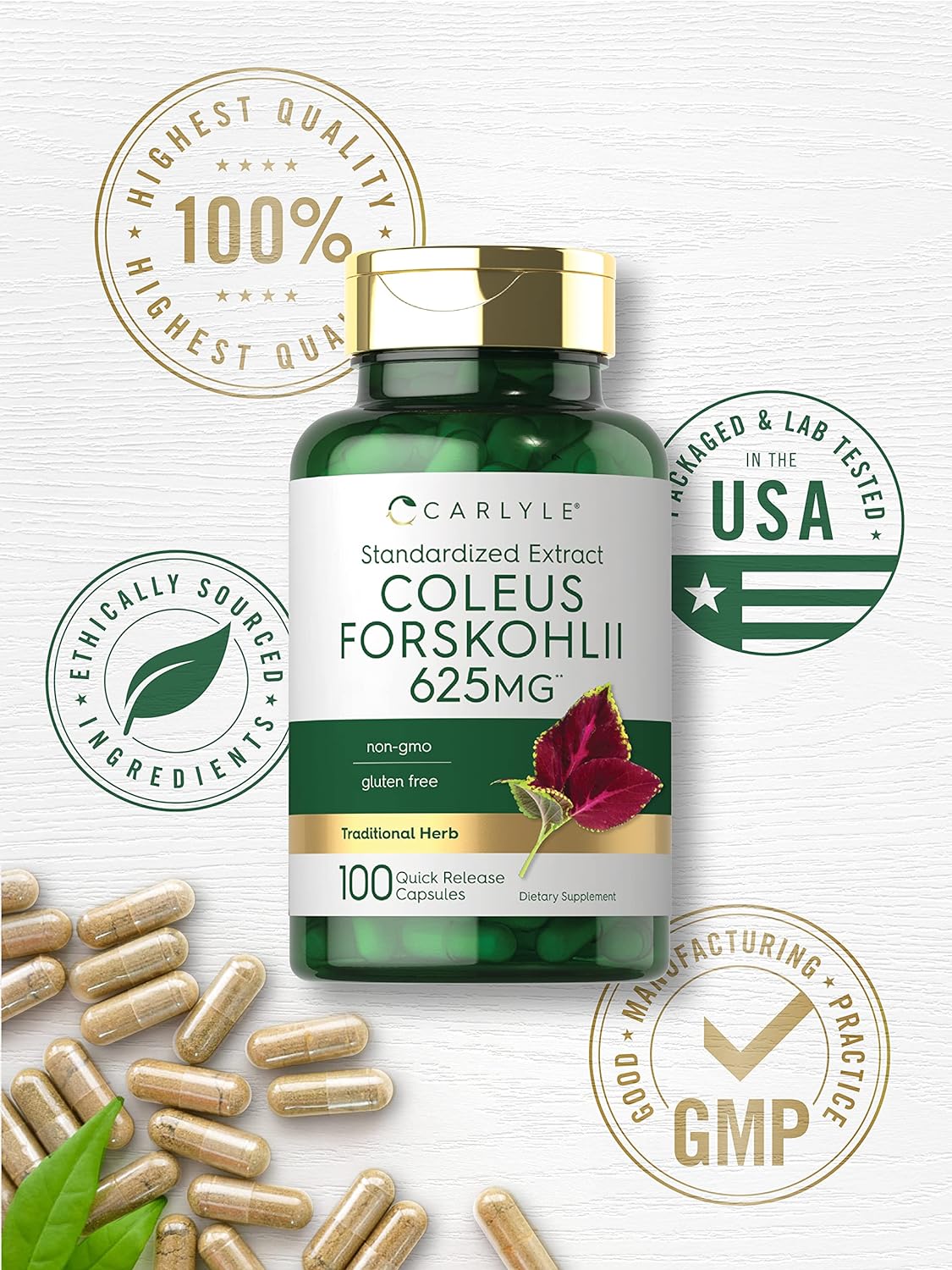 Coleus Forskohlii Capsules | 625mg | 100 Count | Non-GMO & Gluten Free Standardized Extract | Forskolin Supplement | by Carlyle : Health & Household