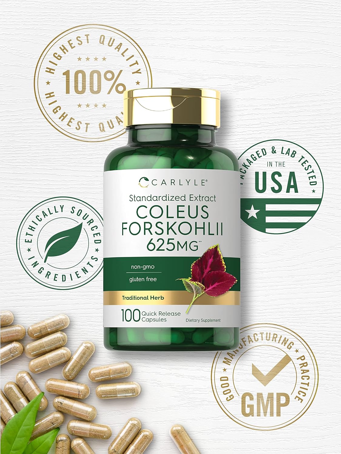 Carlyle Coleus Forskohlii Capsules | 625mg | 100 Count | Non-GMO & Gluten Free Standardized Extract | Forskolin Supplement : Health & Household