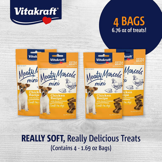 Vitakraft Meaty Morsels Mini Treats For Dogs - Chicken With Sweet Potatoes - Super Soft Dog Treats For Training - Two Layers Of Gently Oven-Baked Meaty Goodness - Multi Pack Of 4