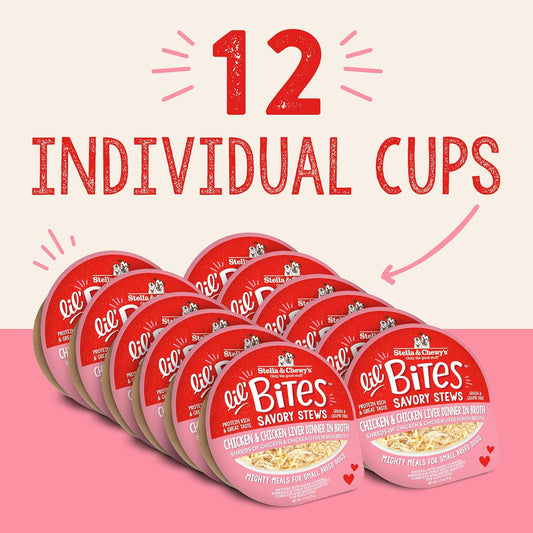 Stella & Chewy'S Lil Bites Savory Stews For Small Breeds Chicken & Chicken Liver Dinner In Broth, 2.7 Oz. Cups (Pack Of 12)