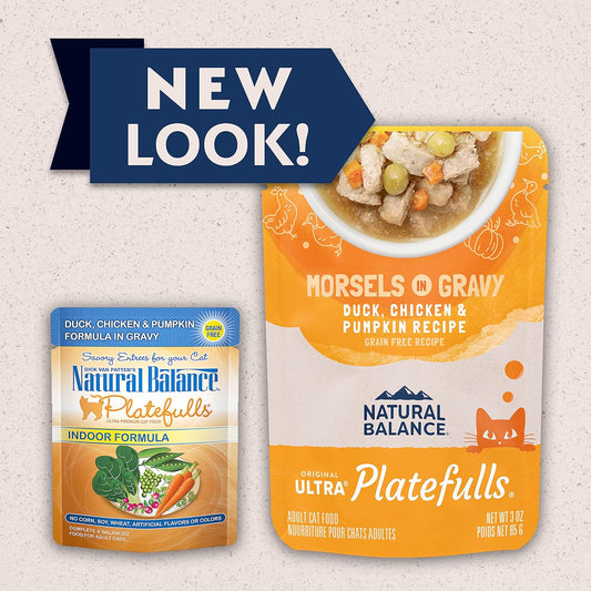 Natural Balance Original Ultra Platefulls Indoor Adult Grain Free Wet Cat Food, Duck, Chicken & Pumpkin Recipe, 3 Ounce Pouch (Pack Of 24)