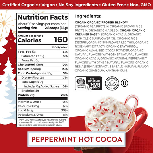 Orgain Organic Vegan Protein Powder, Peppermint Hot Cocoa Holiday Flavor - 21G Of Plant Protein, 5G Prebiotic Fiber, No Lactose Ingredients, No Added Sugar, Non-Gmo, For Shakes & Smoothies, 1.02 Lb