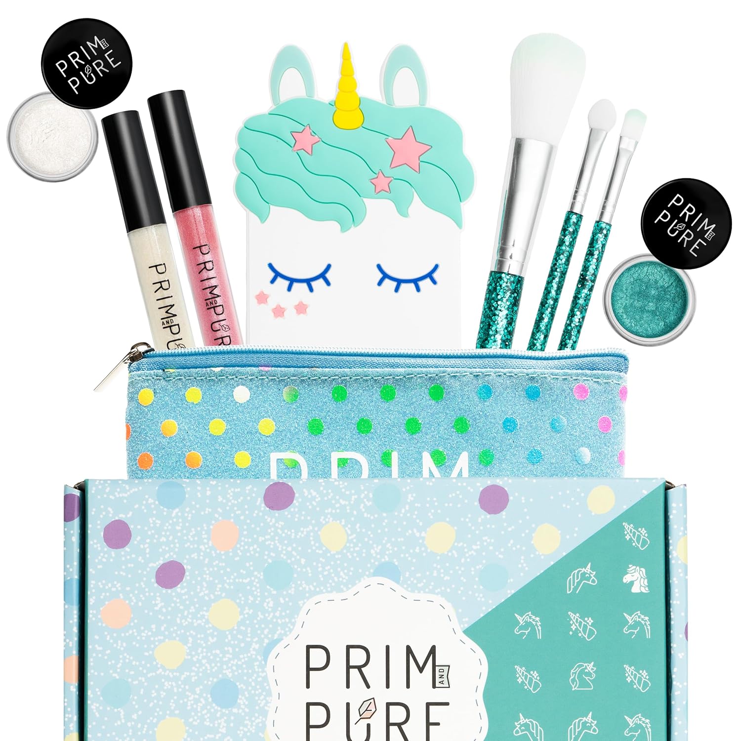 Prim And Pure Mineral Gift Set With Unicorn Mirror| Perfect For Play Dates & Birthday Parties | Kids Eyeshadow Makeup – Mineral | Organic & Natural Makeup Kit For Kids| Made In Usa (Purple)