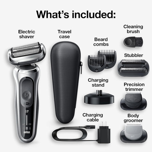 Braun Series 7 7032Cs Flex Electric Razor For Men, Wet & Dry, Electric Razor, Rechargeable, Cordless Foil Shaver With Beard Trimmer And Charging Stand, Silver