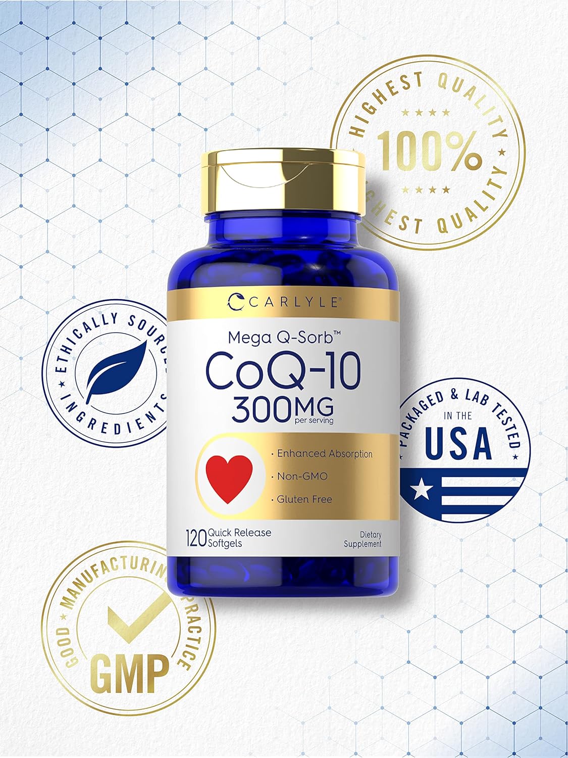 Carlyle CoQ10 300mg | 120 Softgels | Mega Q-Sorb Coenzyme Q-10 | with Black Pepper Extract | Non-GMO, Gluten Free : Health & Household