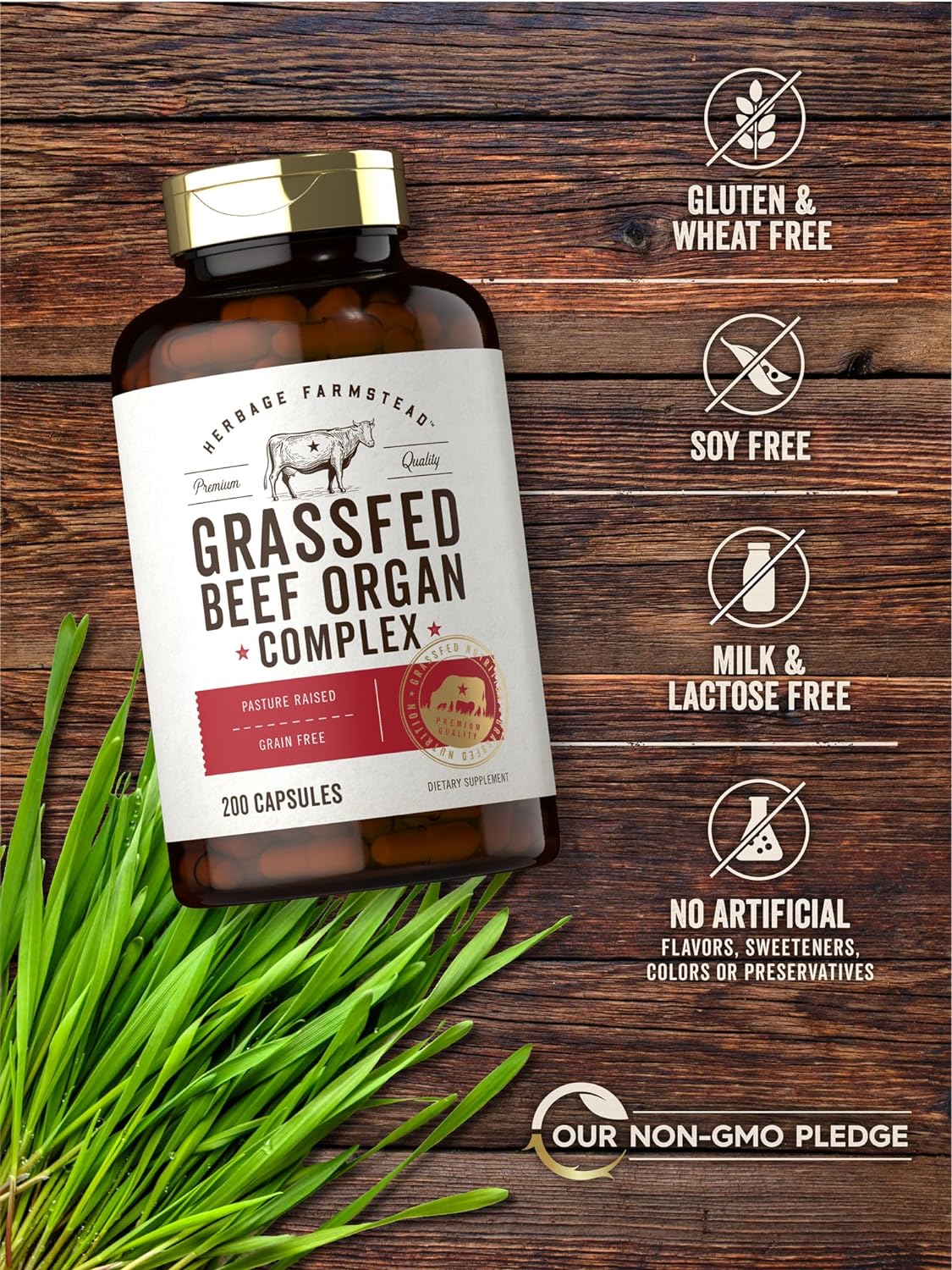 Carlyle Grass Fed Beef Organ Complex | 200 Capsules | Pasture Raised, Grain Free Supplement | with Desiccated Liver, Kidney, Pancreas, Heart, Spleen | Non-GMO, Gluten Free | by Herbage Farmstead : Health & Household