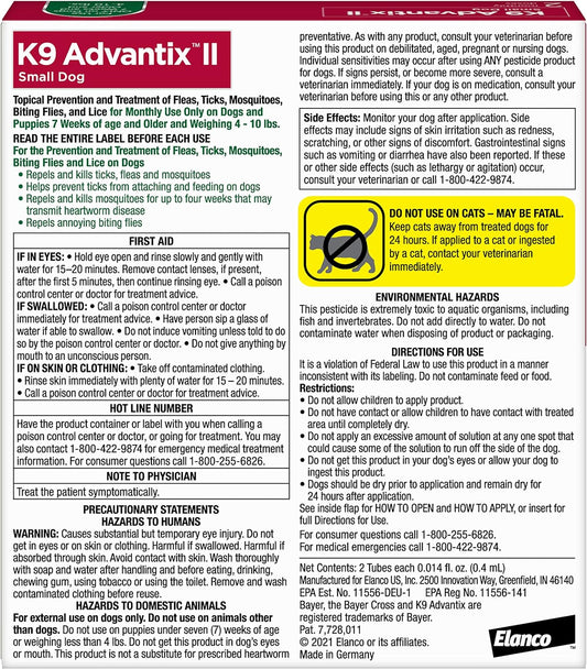 K9 Advantix Ii Small Dog Vet-Recommended Flea, Tick & Mosquito Treatment & Prevention | Dogs 4-10 Lbs. | 2-Mo Supply